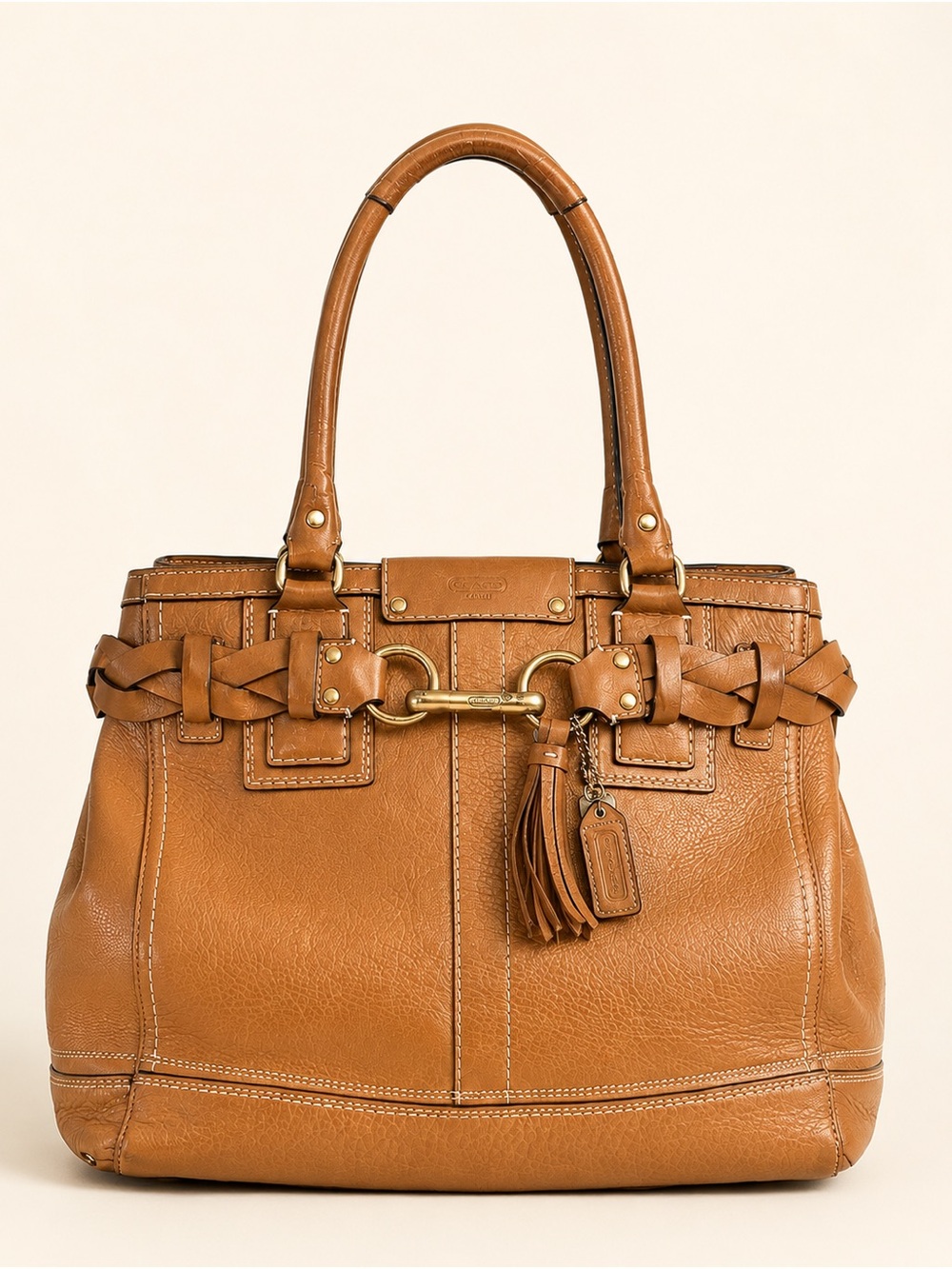 Vintage Coach Braided Horsebit Leather Satchel Tote Camel Tan Y2K Boho